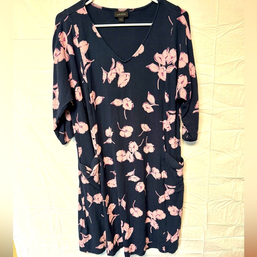 J Jill Wearever Navy Pink Floral Dress Tunic Jersey Knit Shift Size Medium